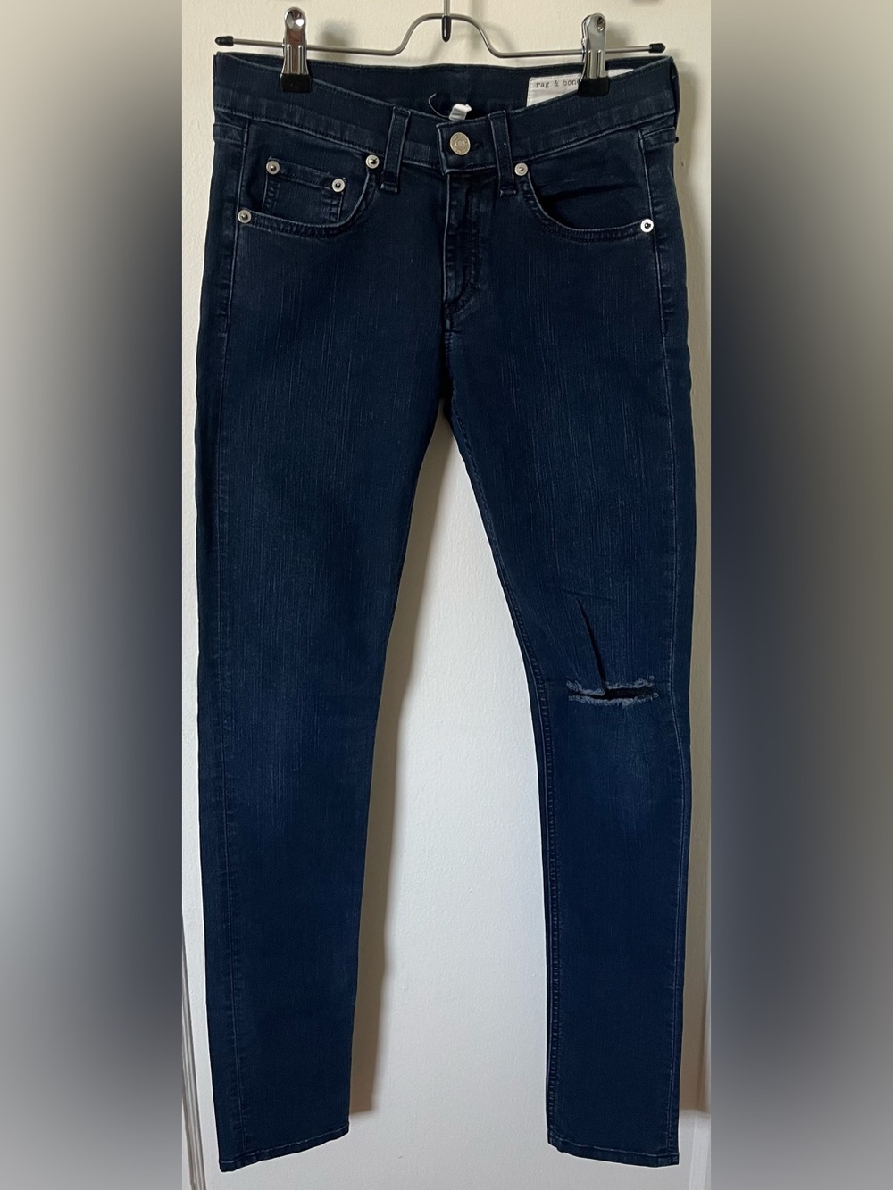 rag & bone Dark Indigo Skinny Jeans with Knee Rip